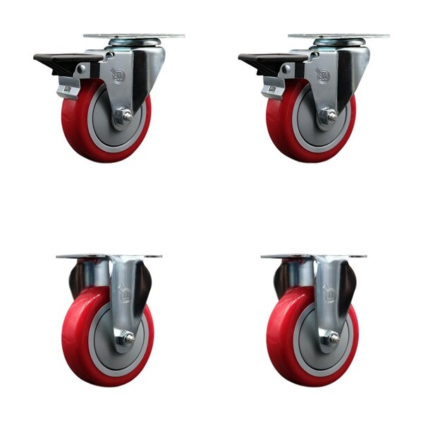 4'' Red Poly Wheel Swivel Top Plate Caster Set with 2 Posi Brakes 2 Rigid, 4PK
